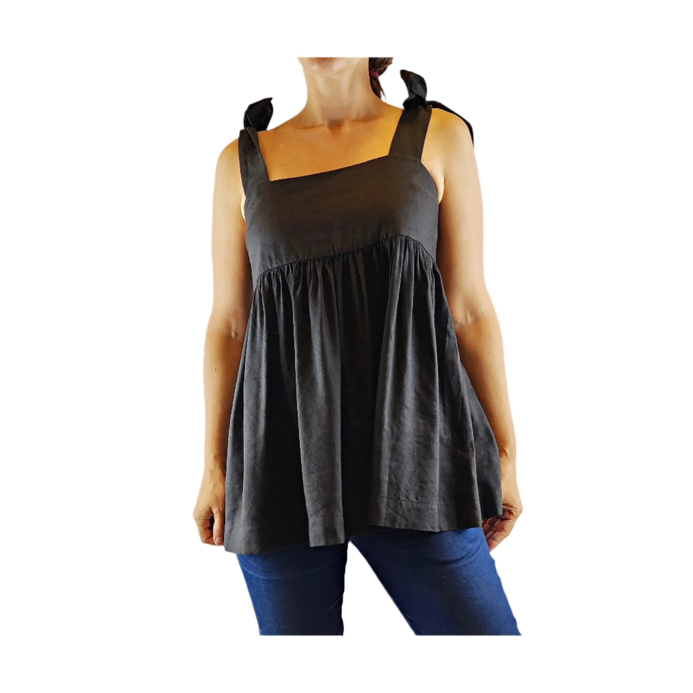 Obus preloved black linen-viscose adjustable sleeveless top size 0 (best fits sizes 6-8)