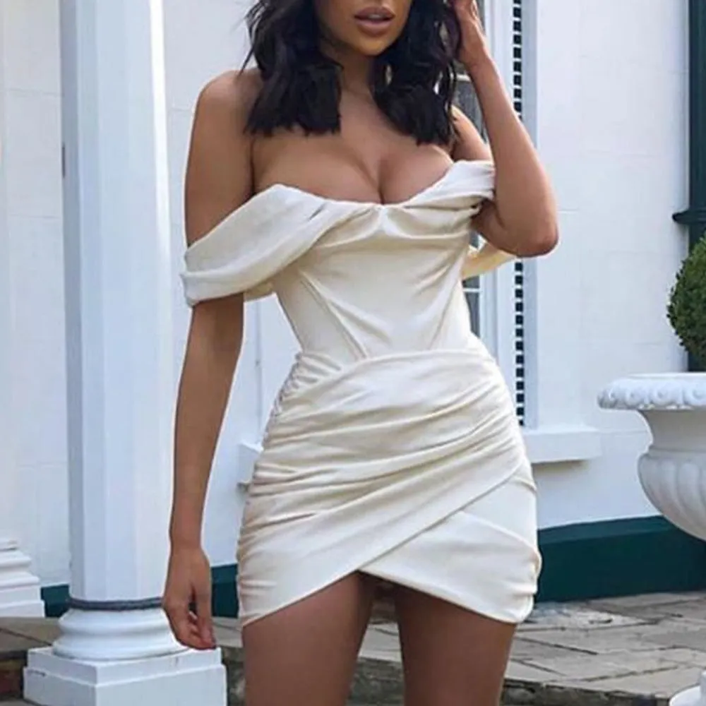 Off the Shoulder Ruched Mini Dress Fashion Satin Sexy Party Dress