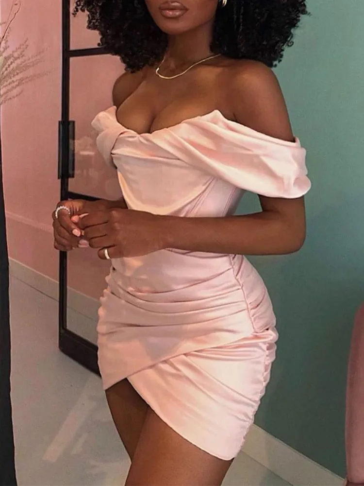 Off the Shoulder Ruched Mini Dress Fashion Satin Sexy Party Dress