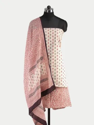 Off White Black Red Bagh Hand Block Printed Cotton Suit-Salwar Fabric With Cotton Dupatta (Set of 3) - SU01HB417