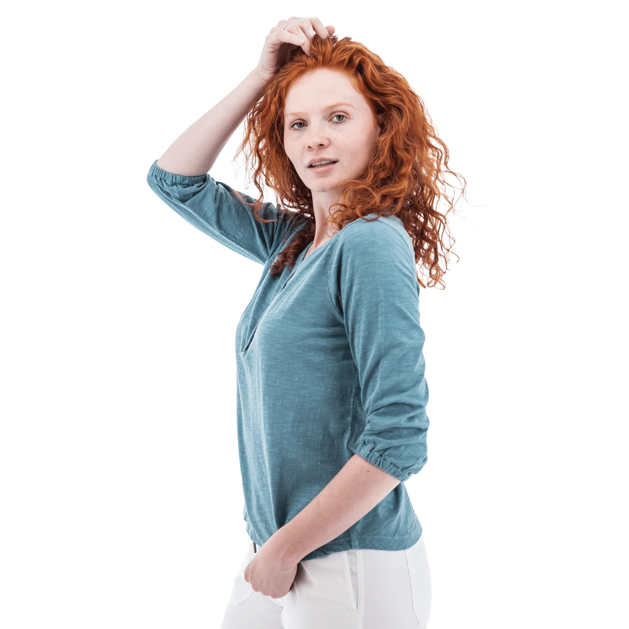 Old Ranch Women's Este Organic Cotton V Neck Henley Top - Provinial Blue