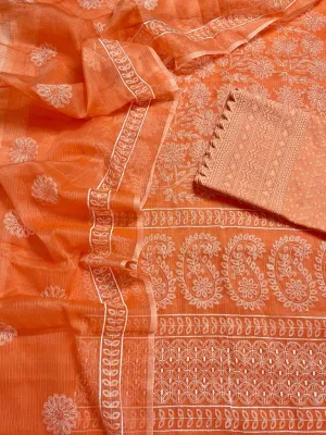 Orange Embroided Cotton Kota Doria Suit Fabric With Dupatta
