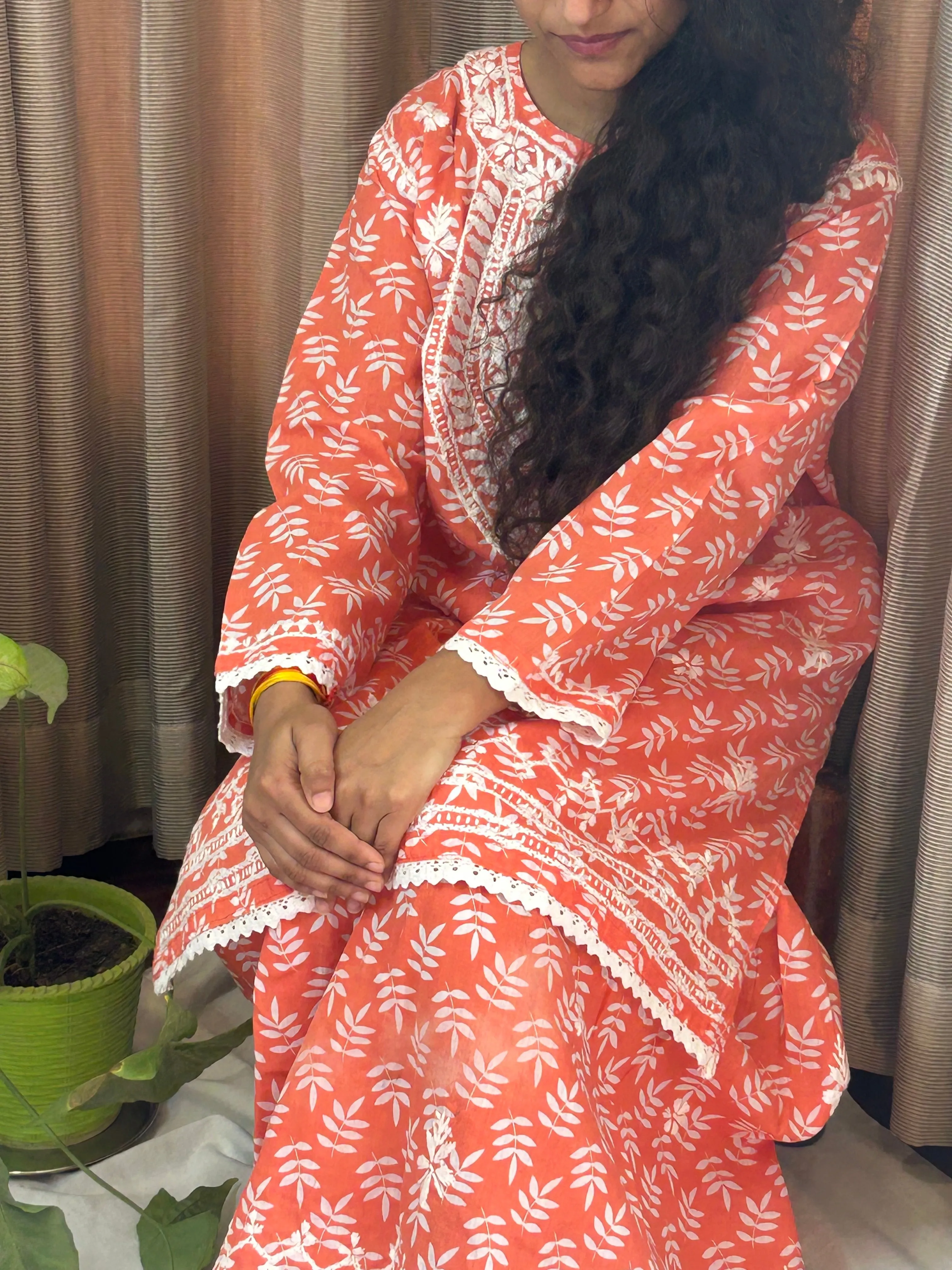 Orange Floral Lucknowi Cotton Chikankari Sharara Set
