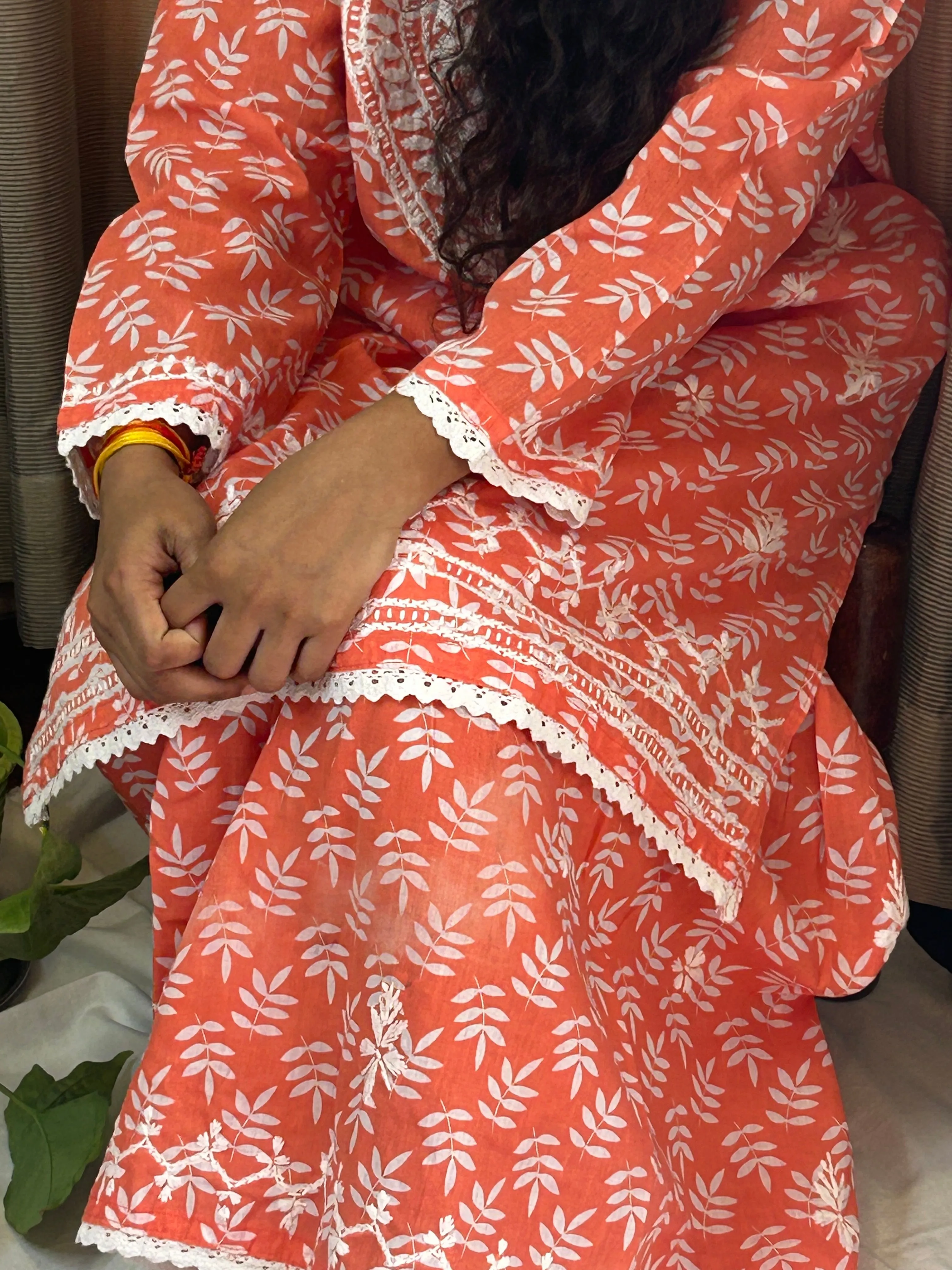 Orange Floral Lucknowi Cotton Chikankari Sharara Set