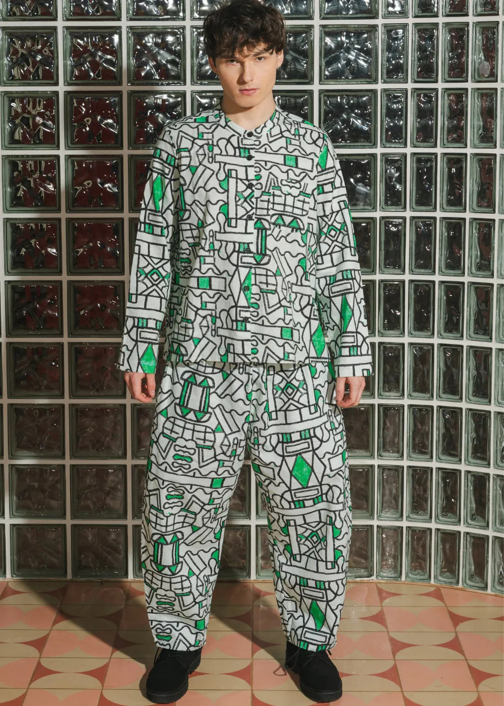 Organic Cotton and Linen Balloon Trousers in Circuit Garden