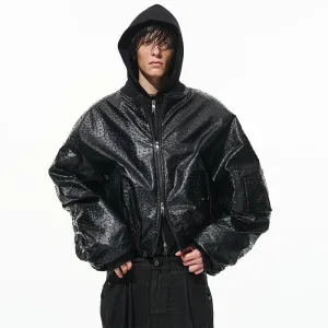 Ostrich Faux Leather Hooded Bomber Jacket
