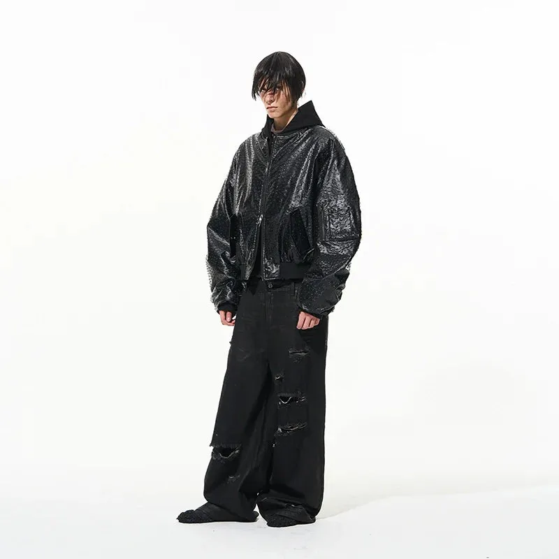 Ostrich Faux Leather Hooded Bomber Jacket