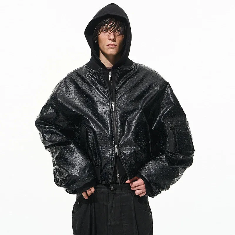 Ostrich Faux Leather Hooded Bomber Jacket