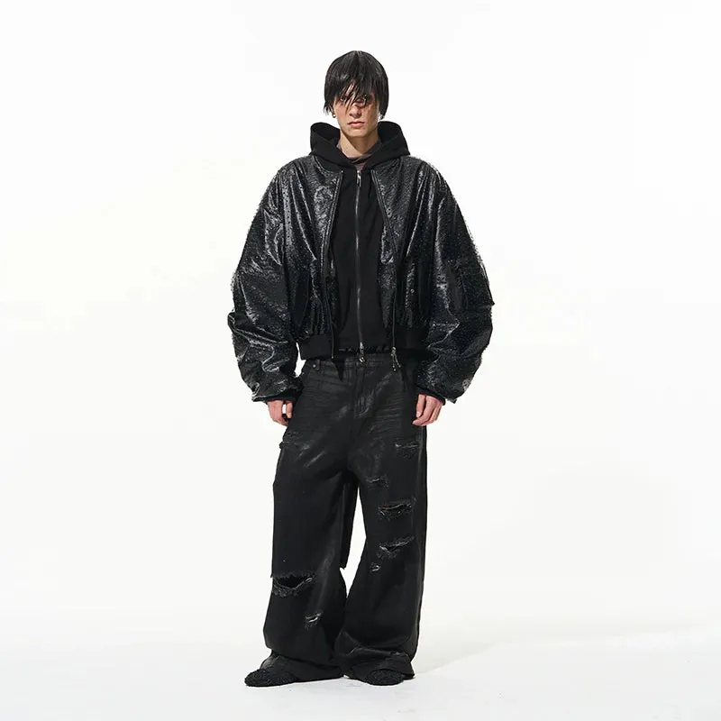 Ostrich Faux Leather Hooded Bomber Jacket