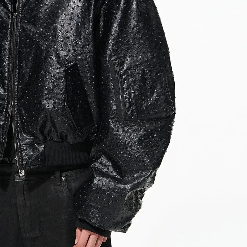 Ostrich Faux Leather Hooded Bomber Jacket
