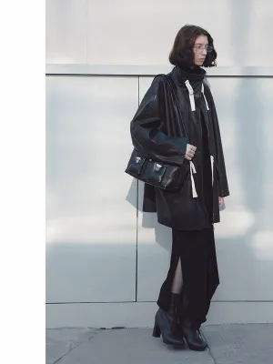 Oversized Faux Leather Jacket with Drawstring Accents