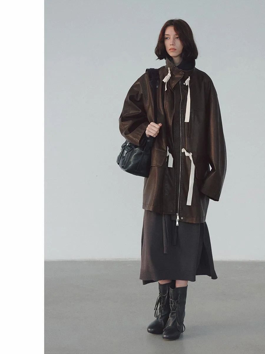 Oversized Faux Leather Jacket with Drawstring Accents