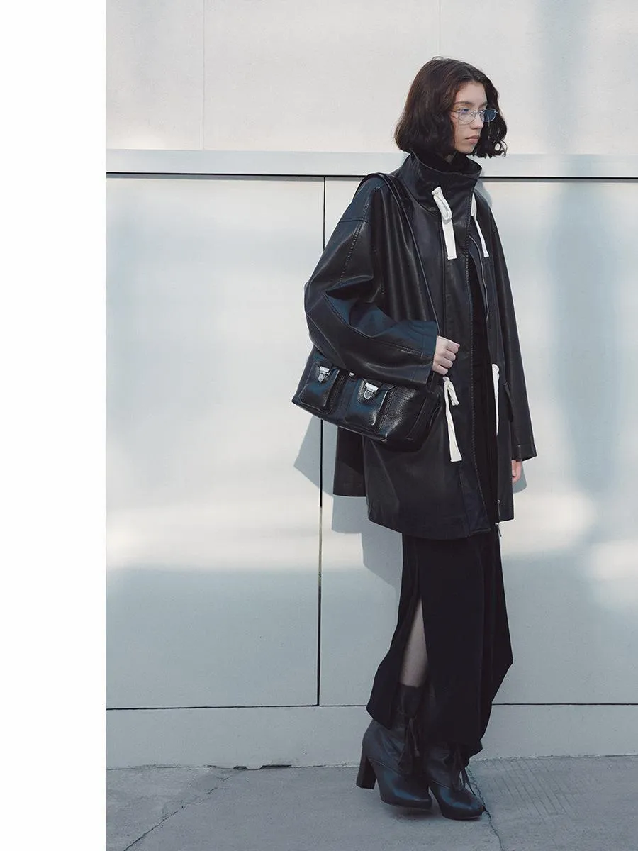 Oversized Faux Leather Jacket with Drawstring Accents