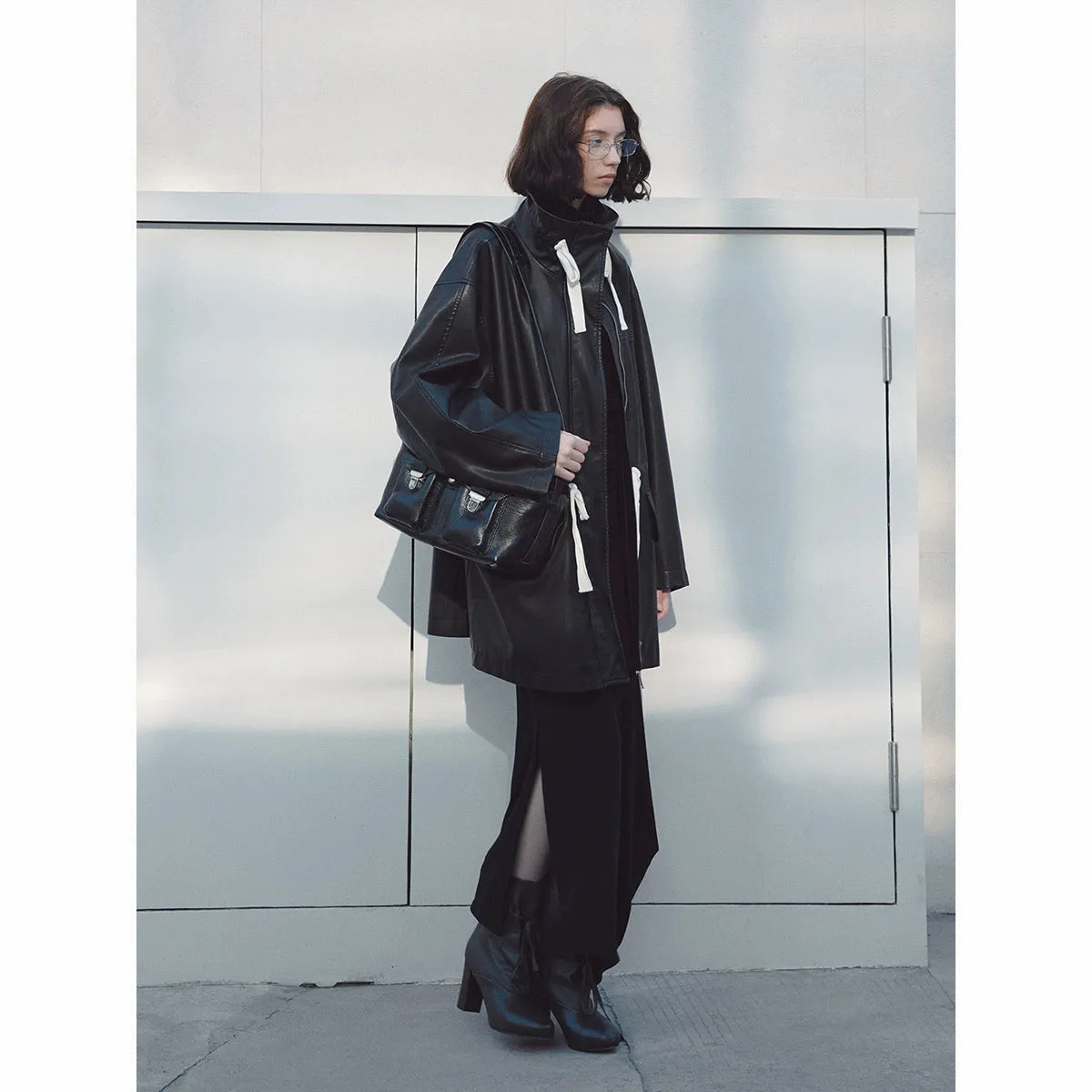 Oversized Faux Leather Jacket with Drawstring Accents