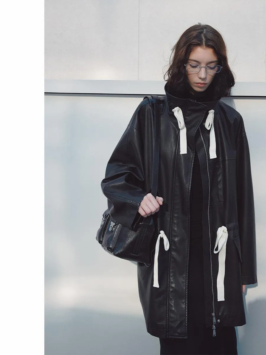 Oversized Faux Leather Jacket with Drawstring Accents