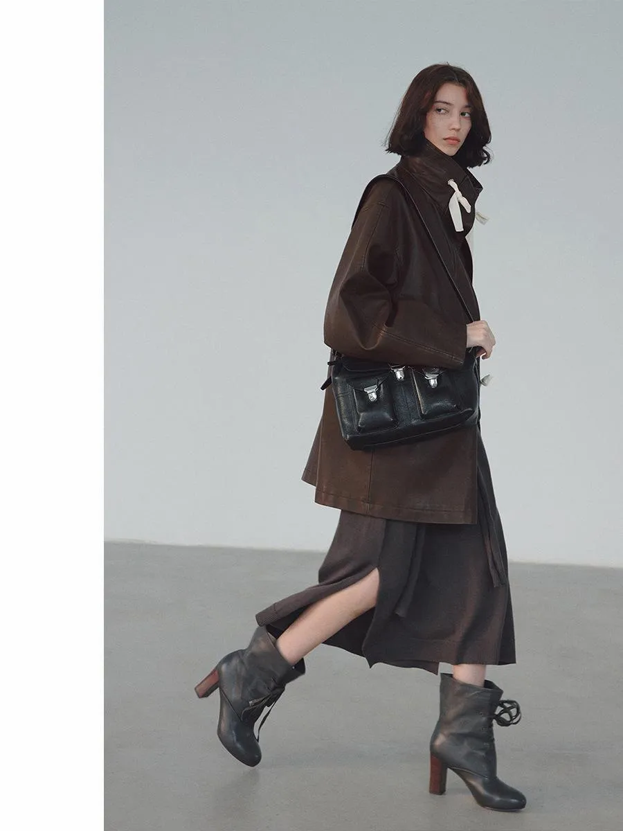 Oversized Faux Leather Jacket with Drawstring Accents