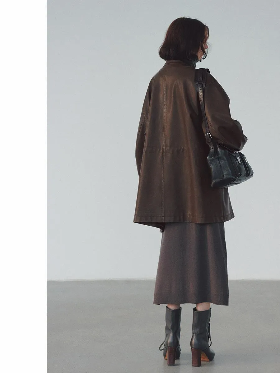 Oversized Faux Leather Jacket with Drawstring Accents