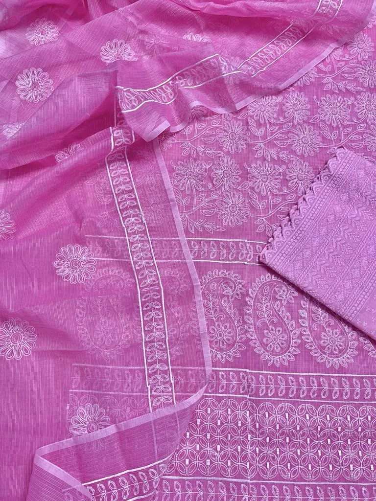 Pink Embroided Cotton Kota Doria Suit Fabric With Dupatta