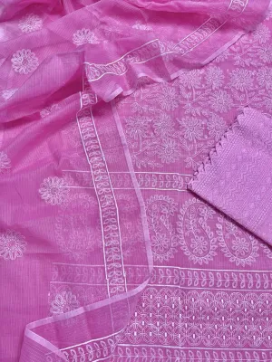 Pink Embroided Cotton Kota Doria Suit Fabric With Dupatta