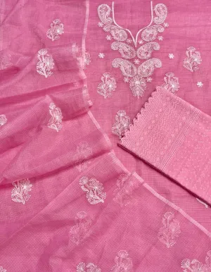 Pink Embroided Cotton Kota Doria Suit With Dupatta