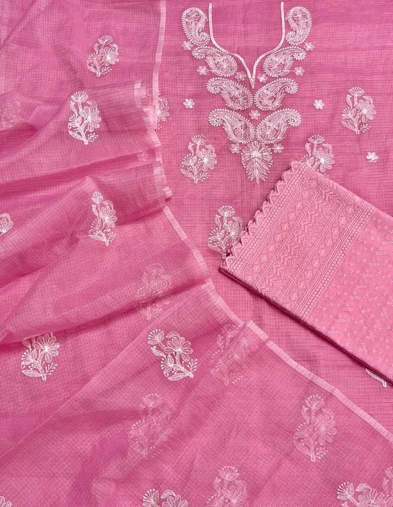 Pink Embroided Cotton Kota Doria Suit With Dupatta