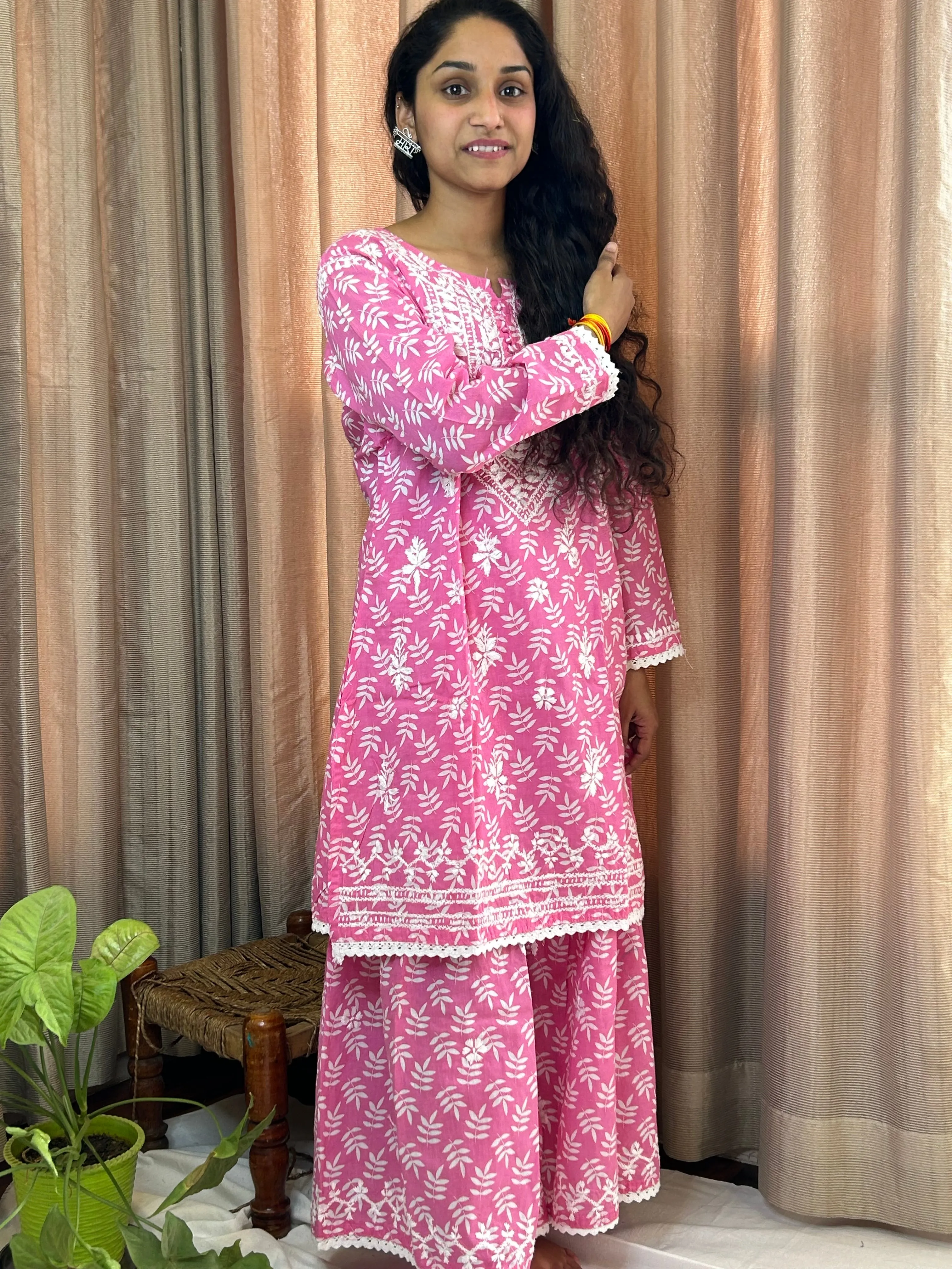 Pink Floral Lucknowi Cotton Chikankari Sharara Set