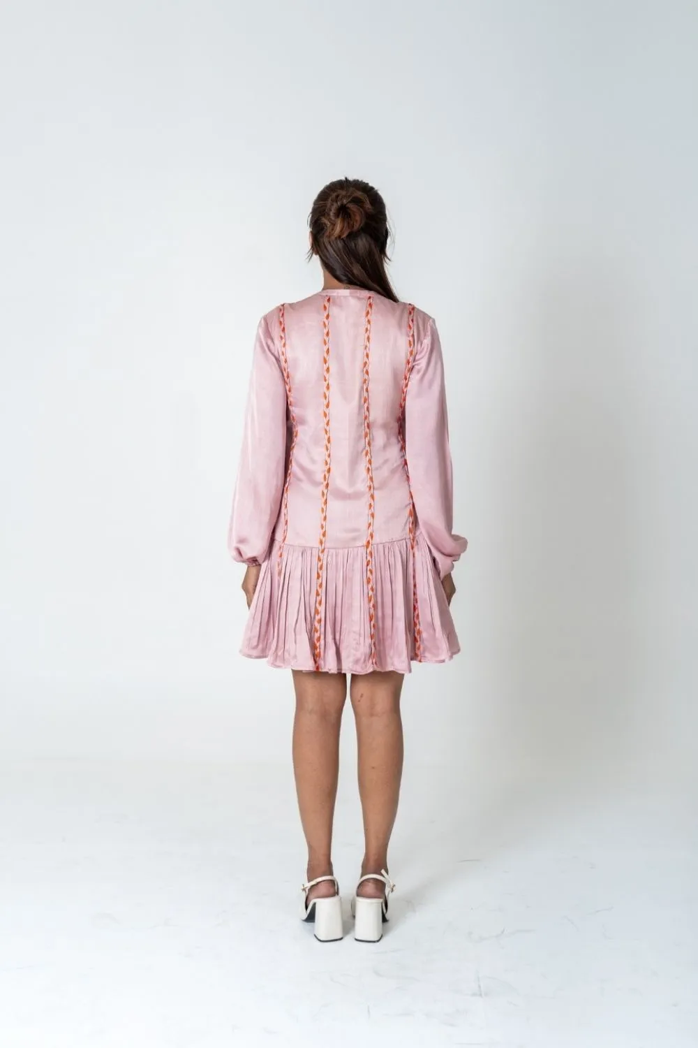 Pink-Orange Braided Short Gather Dress