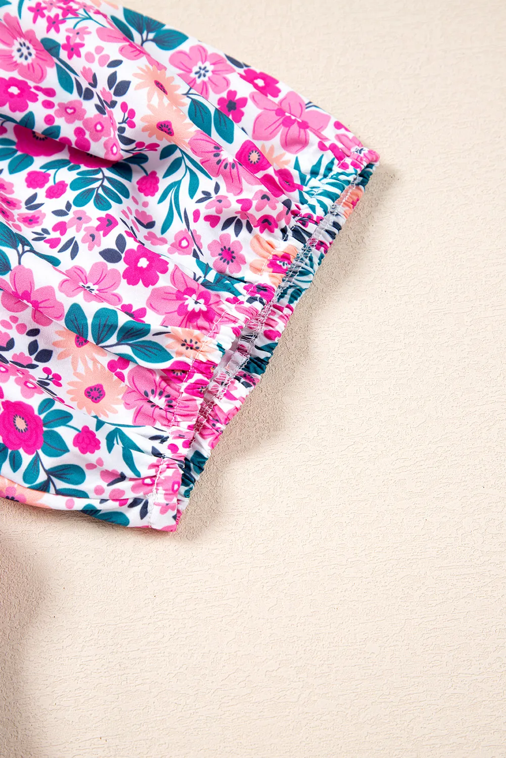 Pink Plus Size Floral Half Button Short Puff Sleeve A-line Dress