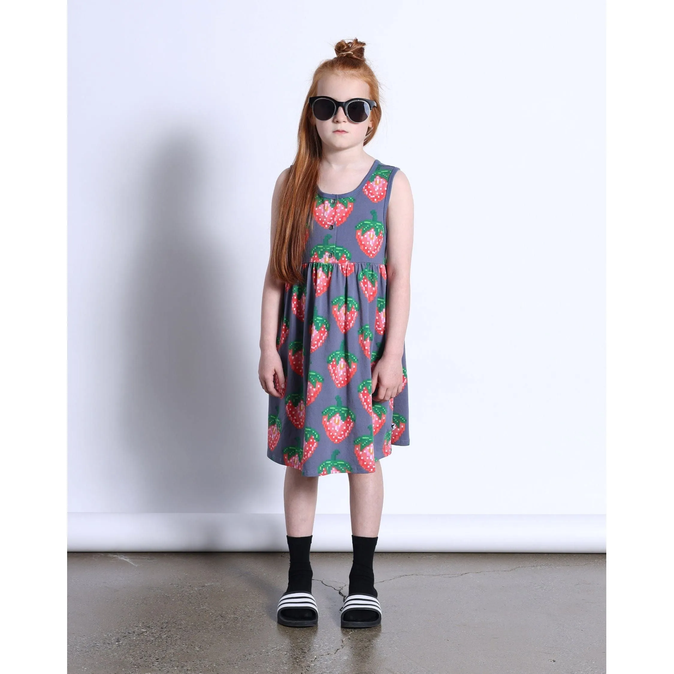 Pixelled Strawberries Dress- Midnight