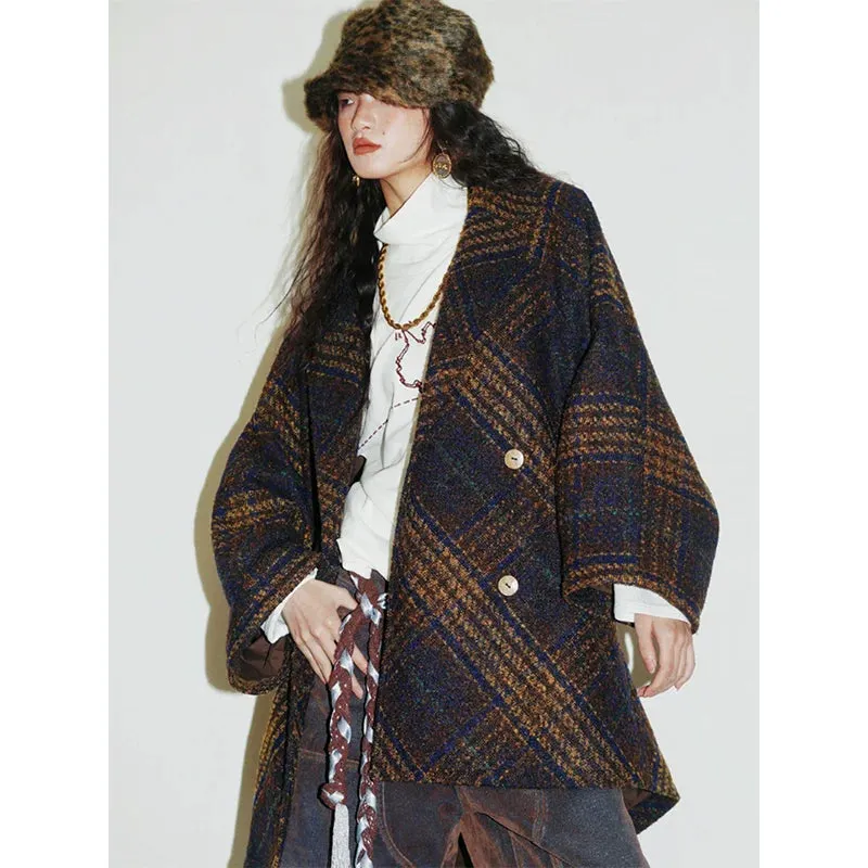 Plaid Wool Blend Midi Coat