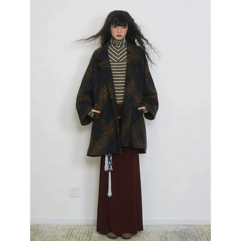 Plaid Wool Blend Midi Coat