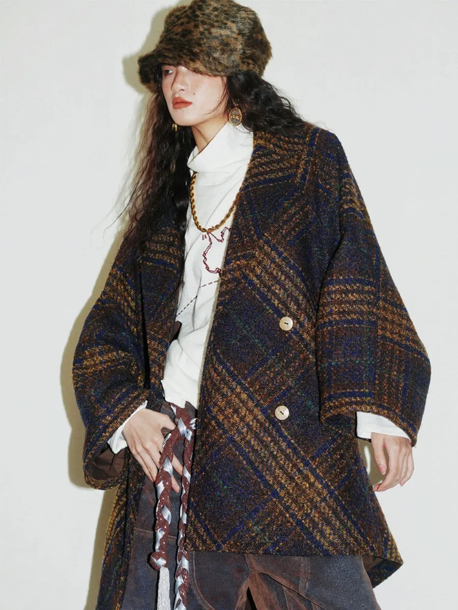 Plaid Wool Blend Midi Coat