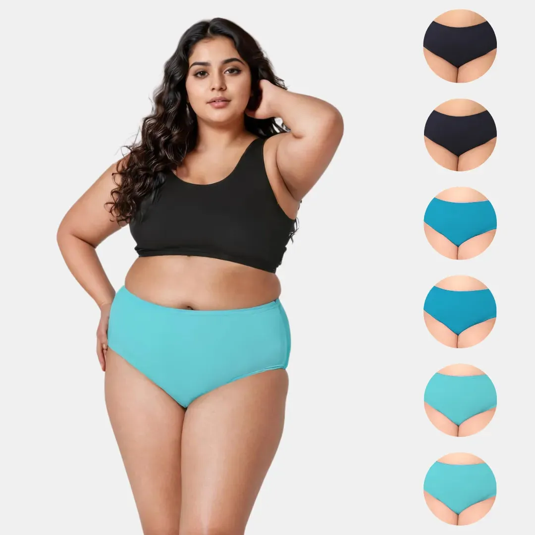 Plus Size Cotton Briefs | High Waist | Full Hip & Back Coverage | For Curvy Women | No Exposed Elastic At Waist & Thigh Round | Prevents Friction & Rash Free | 6 Pack