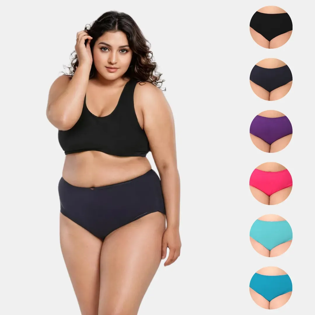 Plus Size Cotton Briefs | High Waist | Full Hip & Back Coverage | For Curvy Women | No Exposed Elastic At Waist & Thigh Round | Prevents Friction & Rash Free | 6 Pack