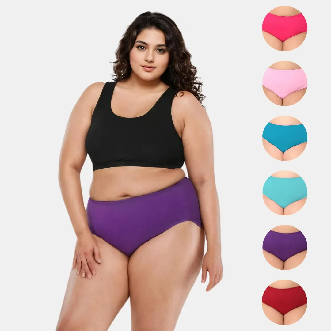 Plus Size Cotton Briefs | High Waist | Full Hip & Back Coverage | For Curvy Women | No Exposed Elastic At Waist & Thigh Round | Prevents Friction & Rash Free | 6 Pack