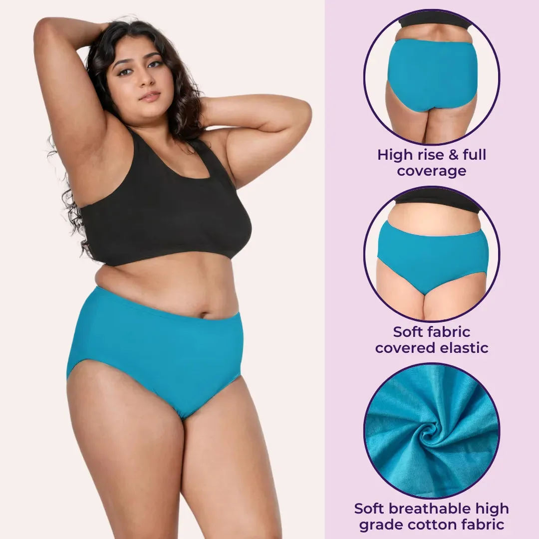 Plus Size Cotton Briefs | High Waist | Full Hip & Back Coverage | For Curvy Women | No Exposed Elastic At Waist & Thigh Round | Prevents Friction & Rash Free | 6 Pack
