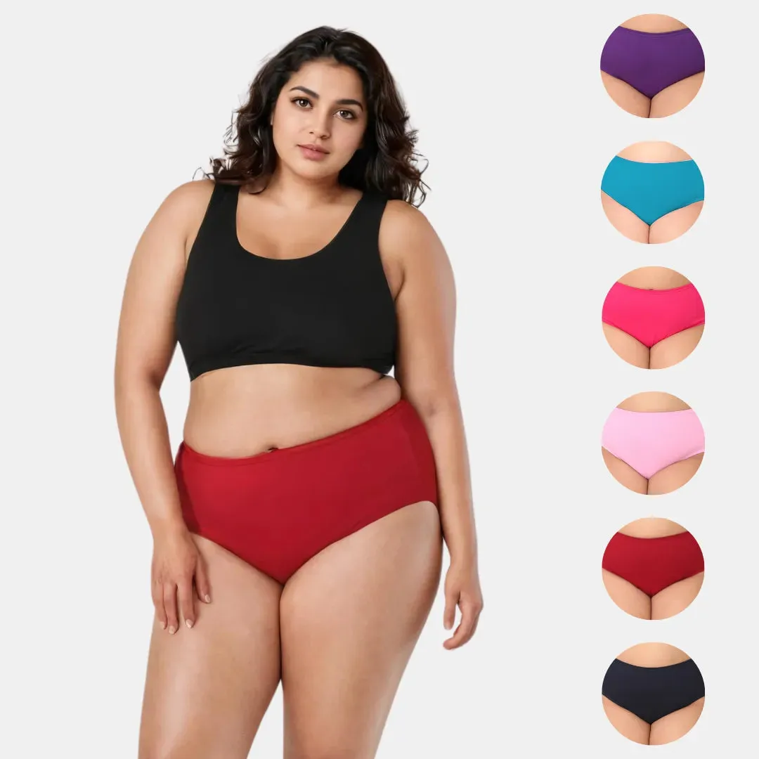 Plus Size Cotton Briefs | High Waist | Full Hip & Back Coverage | For Curvy Women | No Exposed Elastic At Waist & Thigh Round | Prevents Friction & Rash Free | 6 Pack