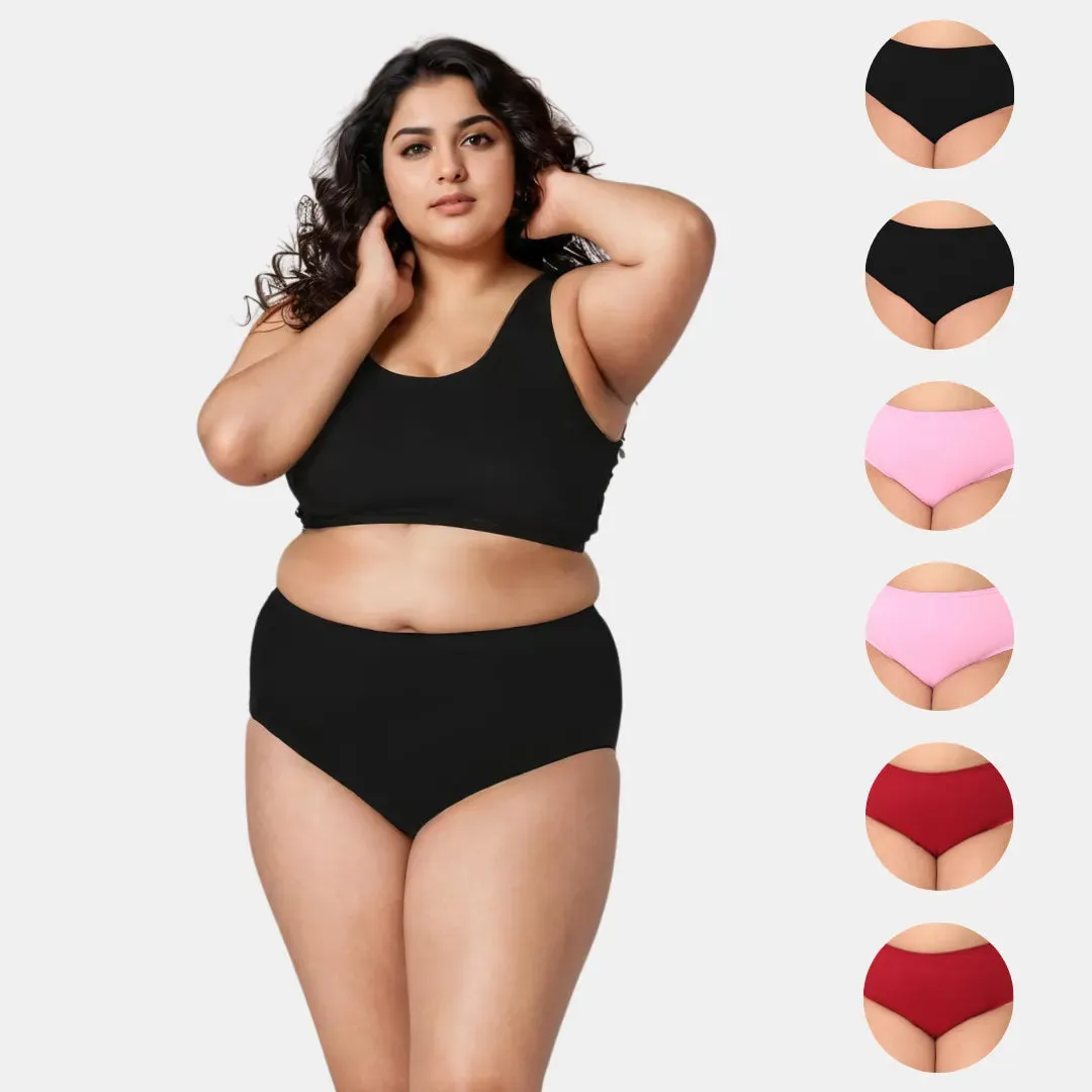 Plus Size Cotton Briefs | High Waist | Full Hip & Back Coverage | For Curvy Women | No Exposed Elastic At Waist & Thigh Round | Prevents Friction & Rash Free | 6 Pack