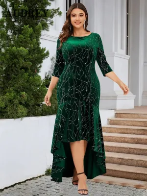 Plus Size Evening Dresses for Women Vintage Velvet Long Dress 3/4 Sleeves Luxury Formal Sequin Bridesmaid Party Prom Dress