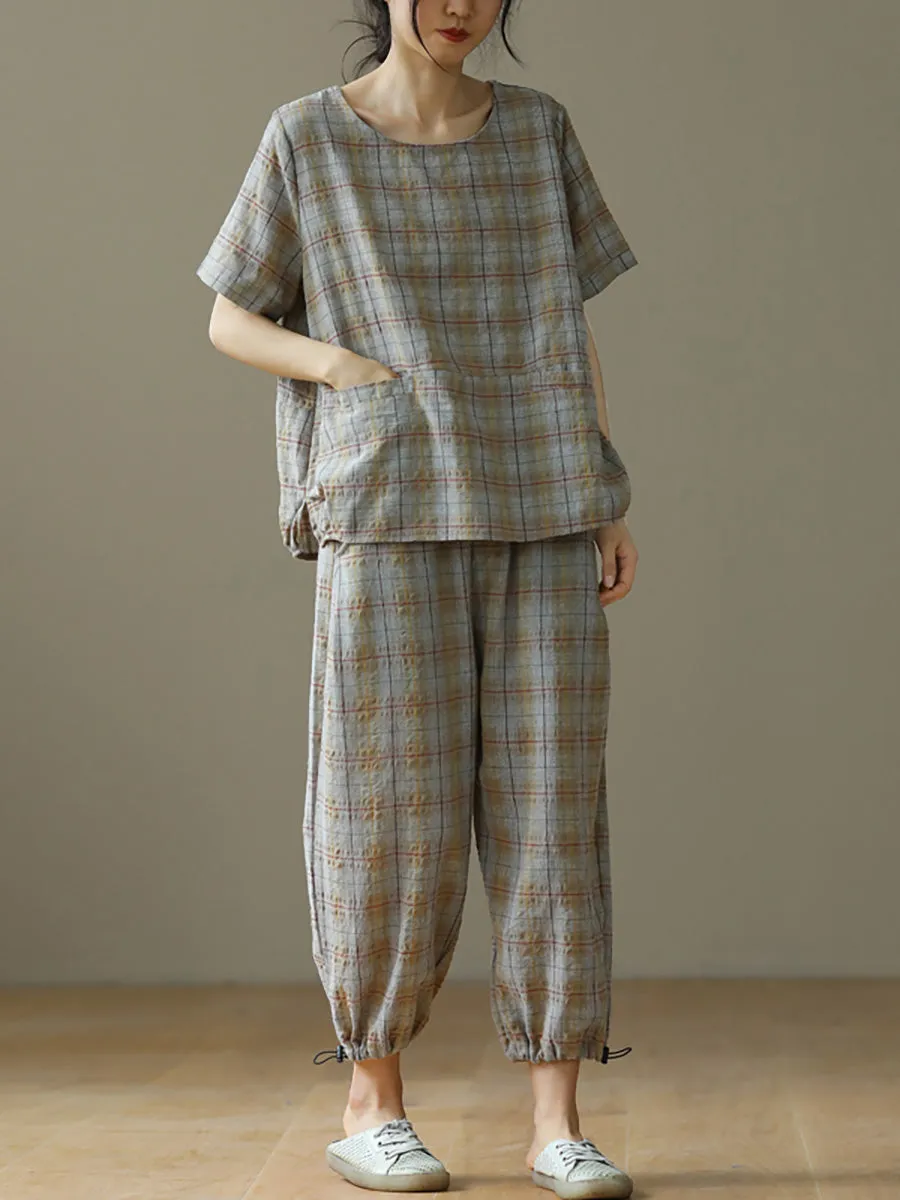 Plus Size Linen Plaid Drawstring Two Pieces Sets M-3XL