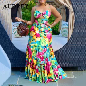 Plus Size Maxi Dress Sexy Flower Print Boutique Sleeveless Backless Boho Maxi Dress