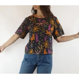 Princess Highway navy linen-cotton top with pretty tiger and flower print size 8