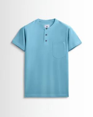 Pure Cotton Henley Pocket T shirts (Sky Blue)