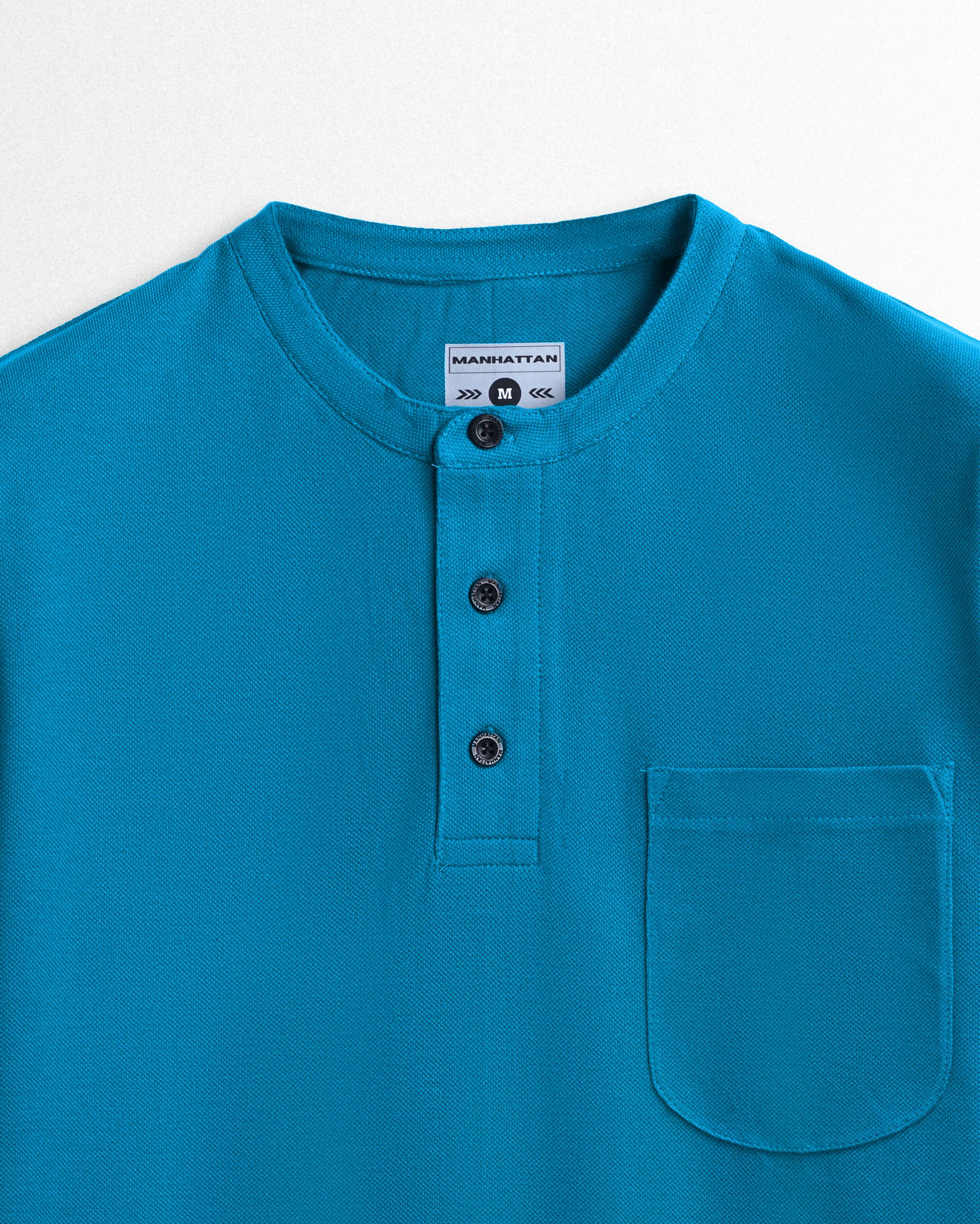 Pure Cotton Henley Pocket T Shirts (Turquoise Blue)