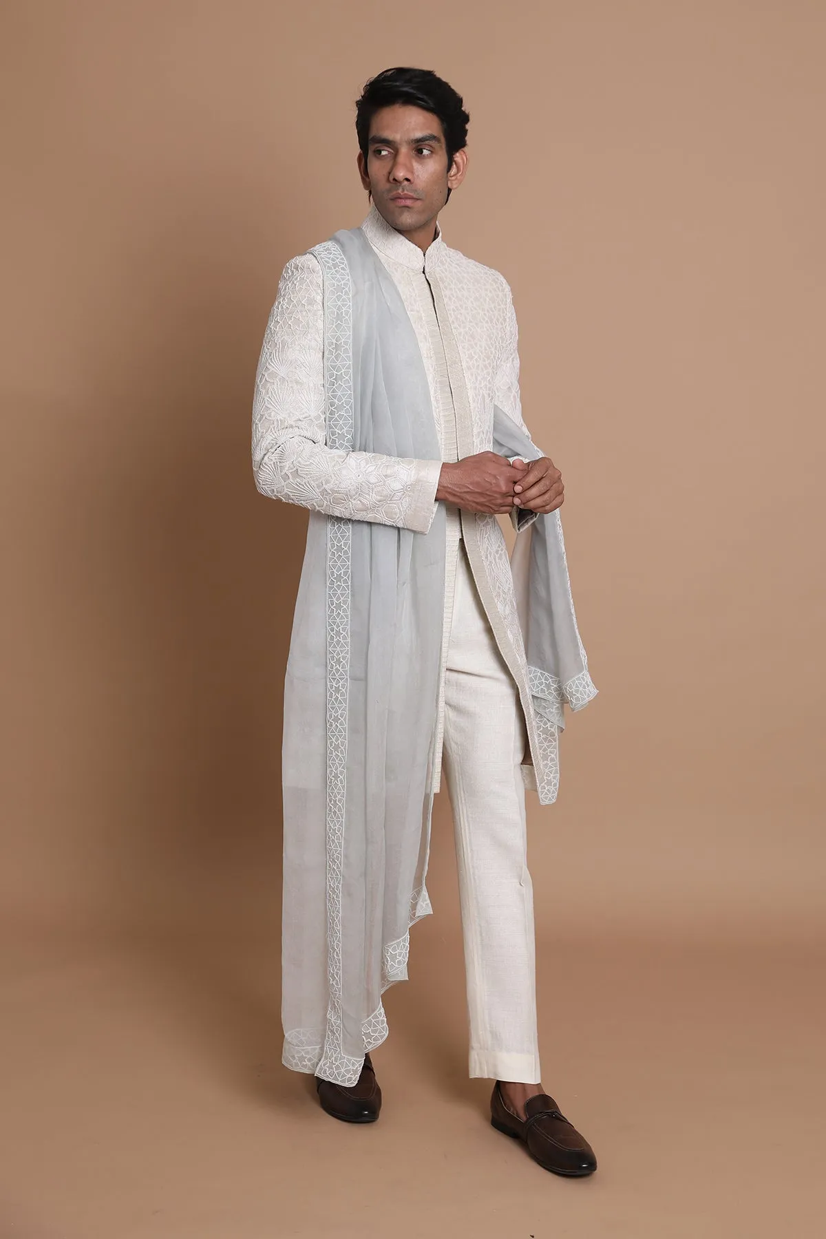 Raw Silk Hand Embroidery Sherwani Set