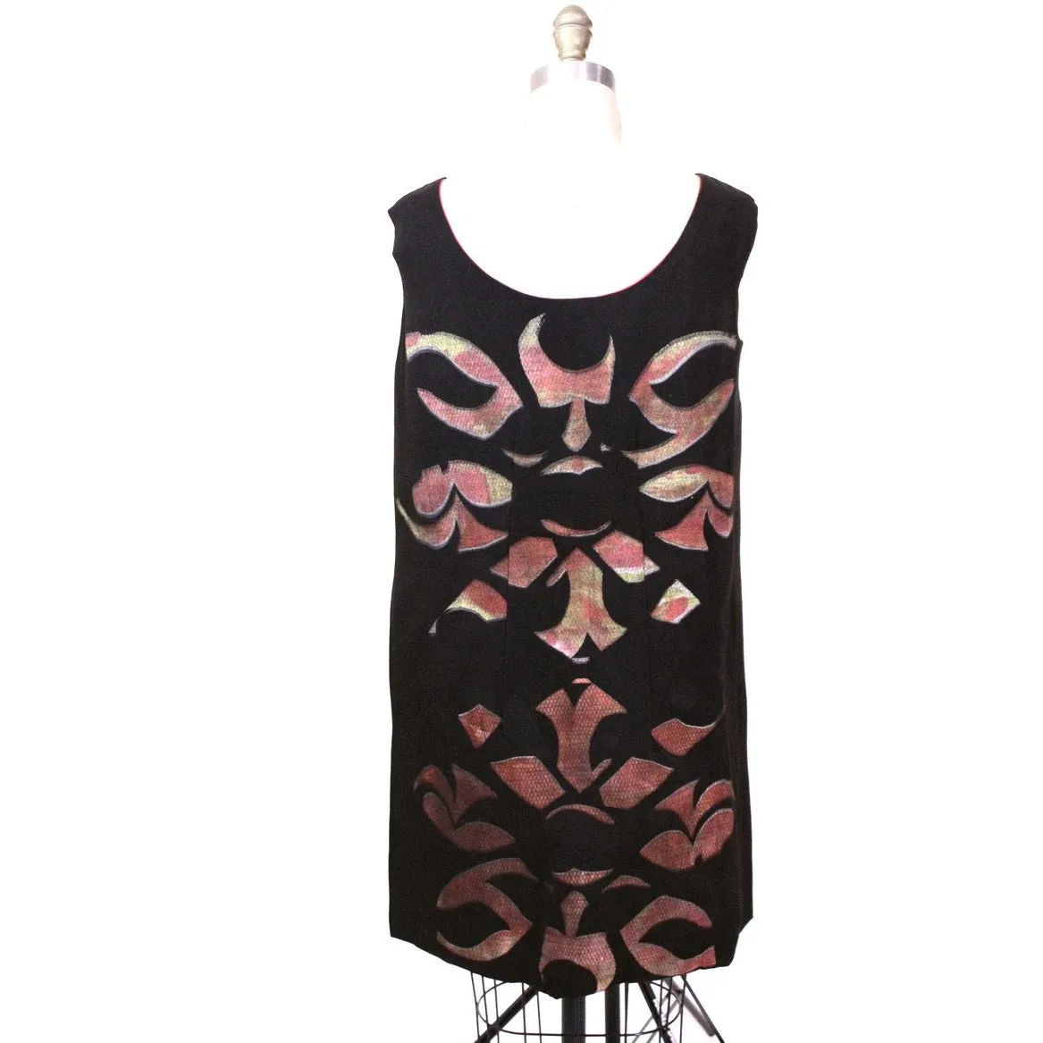 Retro Vtg Tummey Hand Block Printed 70s Dress Shift Hippie Womens Black Pink s/m