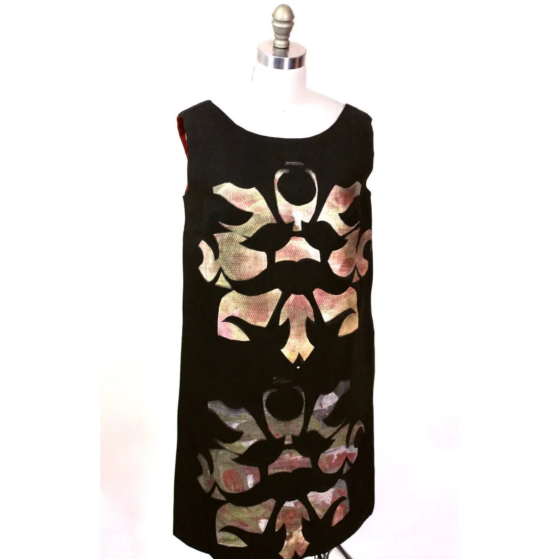 Retro Vtg Tummey Hand Block Printed 70s Dress Shift Hippie Womens Black Pink s/m