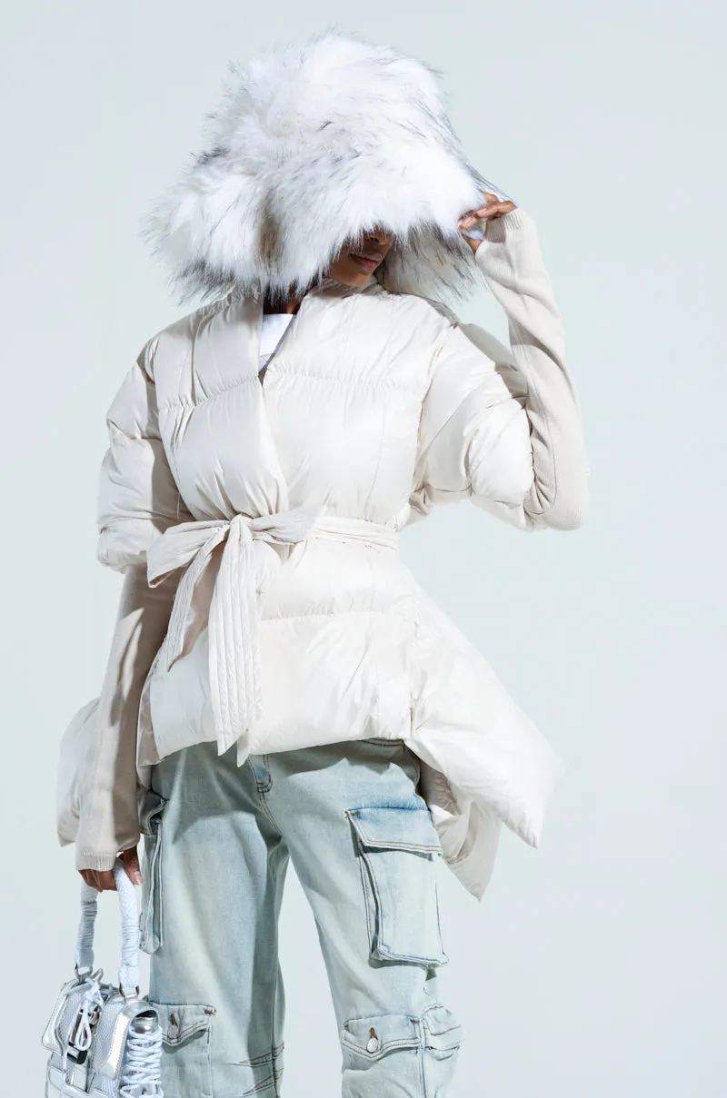 RIB SLEEVE PEPLUM PUFFER IN IVORY