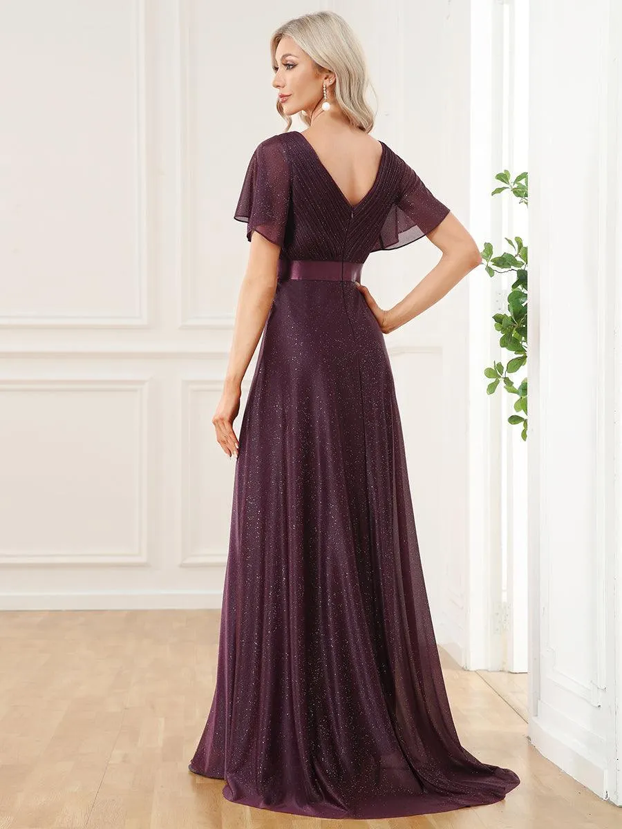 Robe de soirée longue scintillante à col en V et à manches flottantes