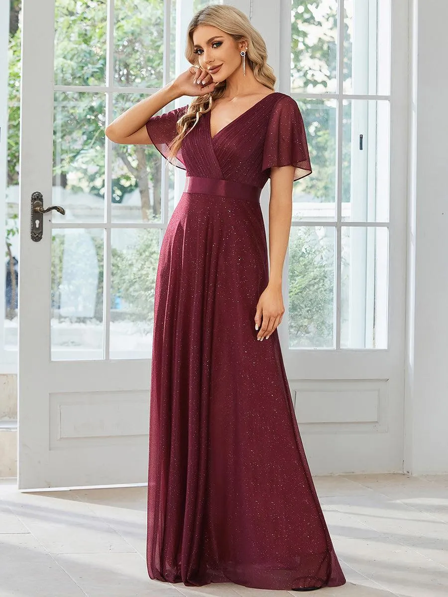 Robe de soirée longue scintillante à col en V et à manches flottantes